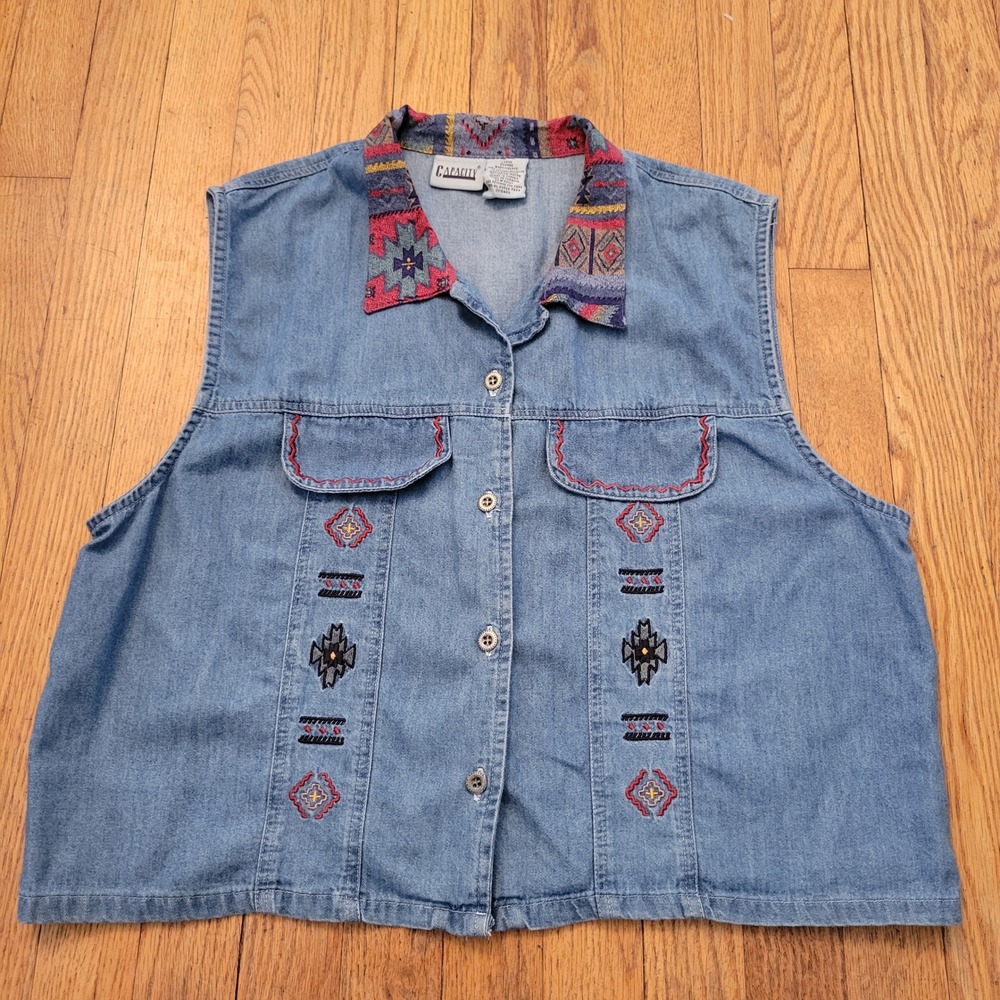 Capacity L Denim Vest Blue Southwestern Embroidered Geometric Vintage Boho Layer